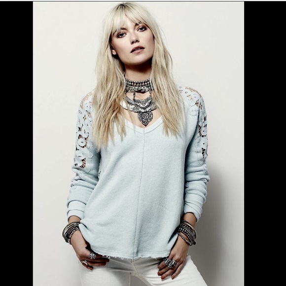 Free People aqua blue green Lace Back Sweatshirt S - Picture 2 of 5