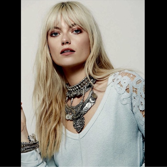 Free People aqua blue green Lace Back Sweatshirt S - Picture 4 of 5