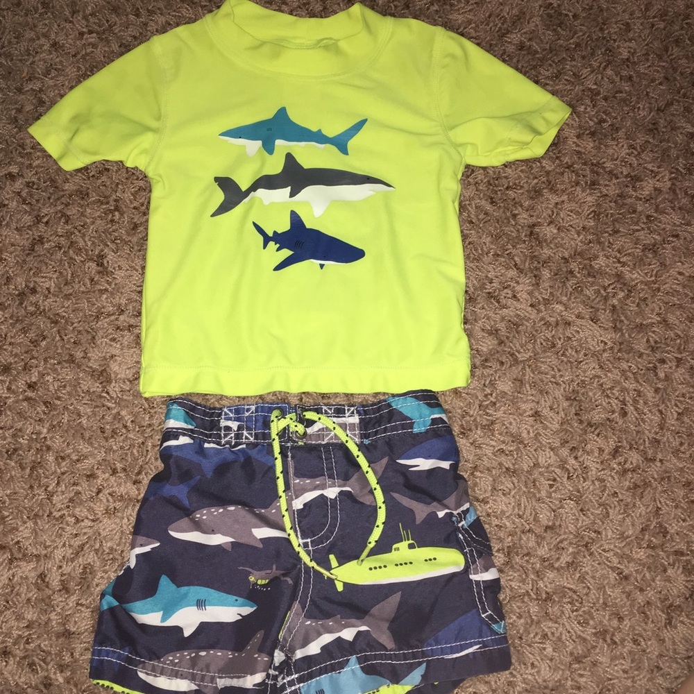 Swim trunks with matching rashguard.