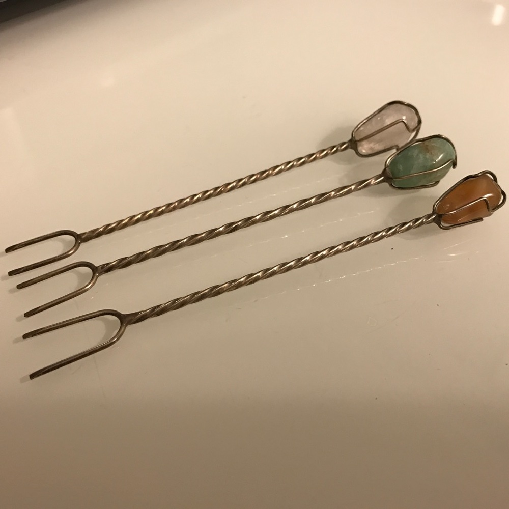Vintage Sterling Silver with Gemstone Canape Forks