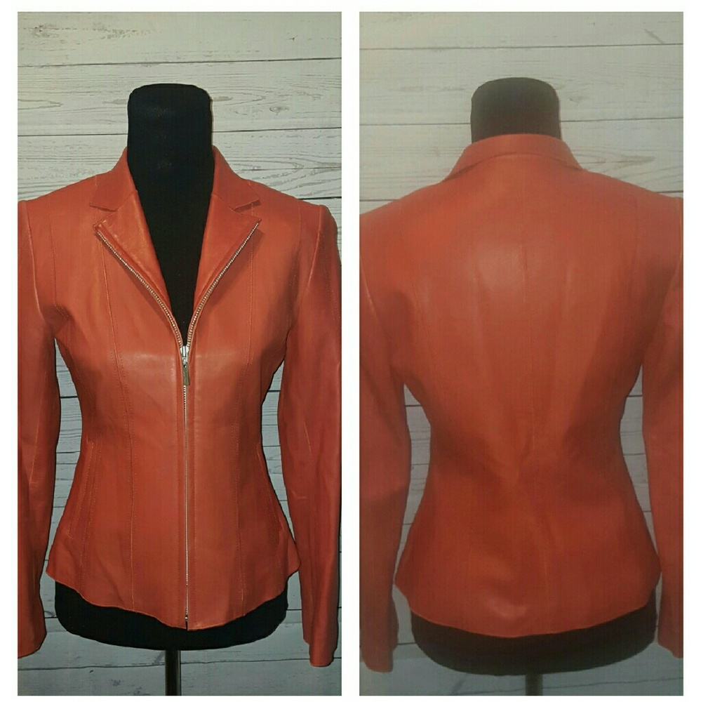 Cole Haan Orange Lambskin Moto Leather Jacket Sz 2