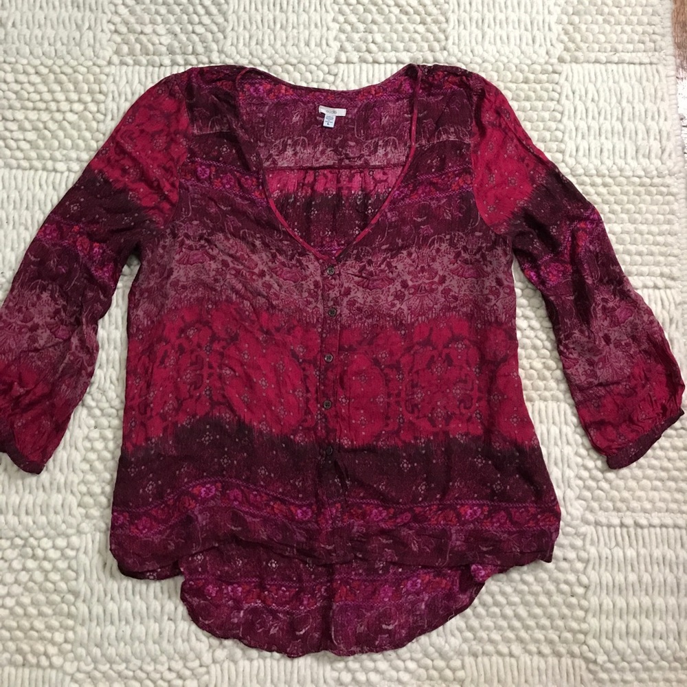 Ecote boho print hi low v neck blouse