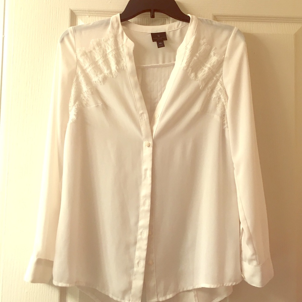 Petite cream white sheer button-up lace