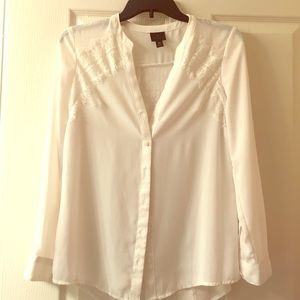 Petite cream white sheer button-up lace
