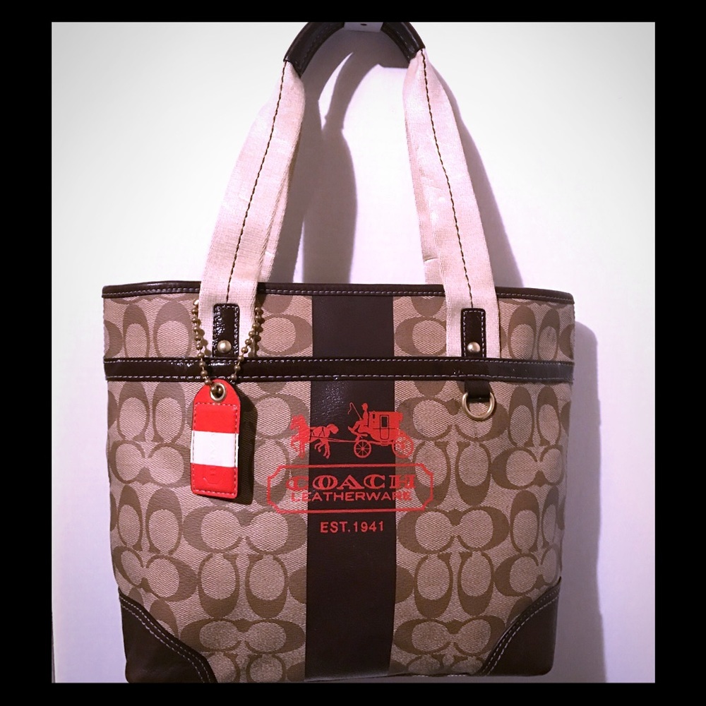 🌀Coach Heritage Brown Stripe Tote