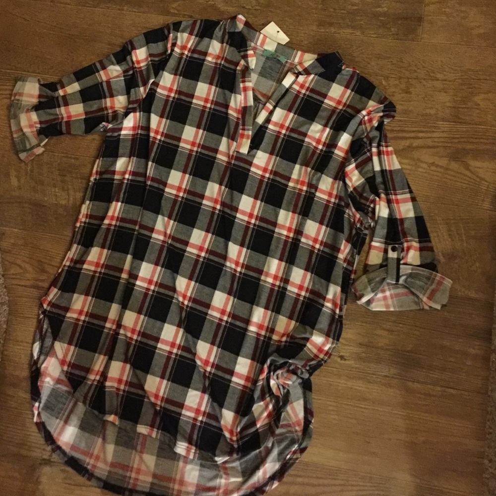 Plaid V-Neck Blouse Highlow Red/Black/White