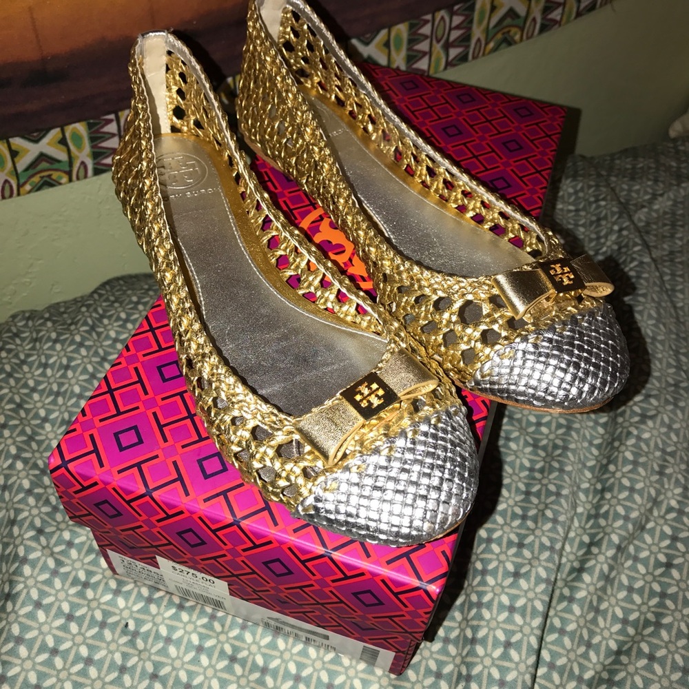 Tory Burch Gold and Silver Weave Flats