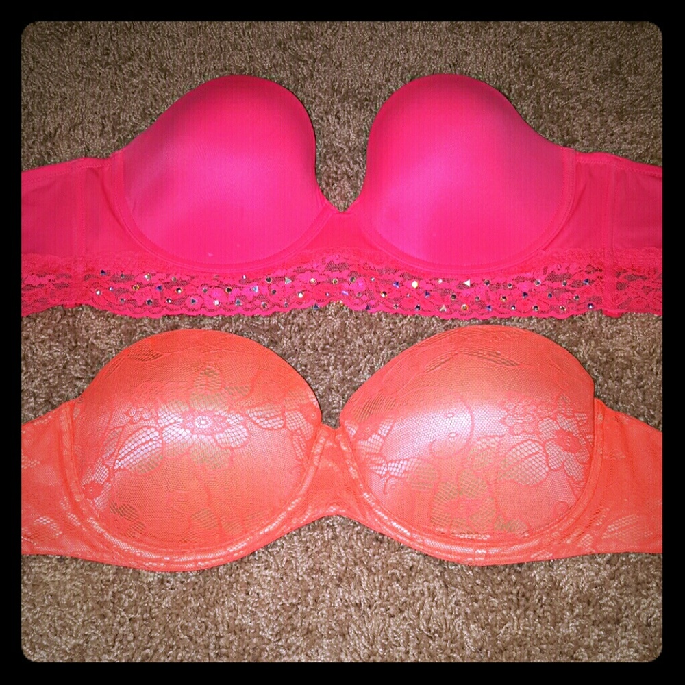 Sparkling Pink and lace coral strapless bras