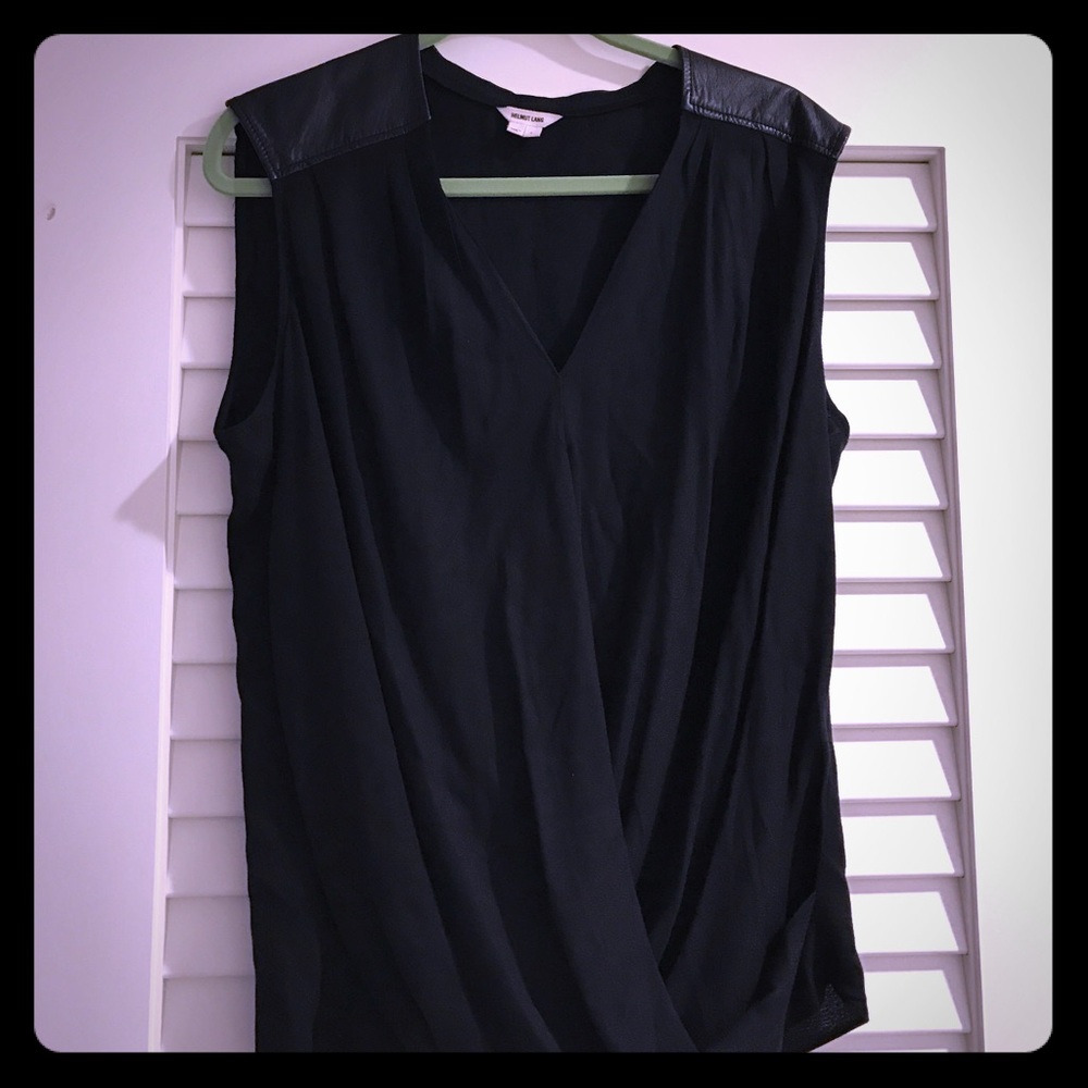 Helmut Lang Leather & Rayon Black Top Sz L