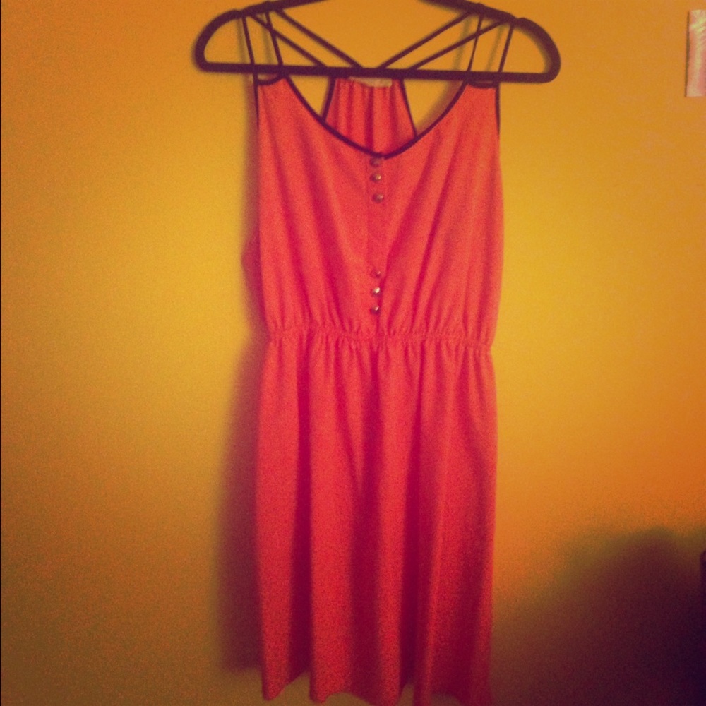 Bright salmon summer dress, cinched, black lining