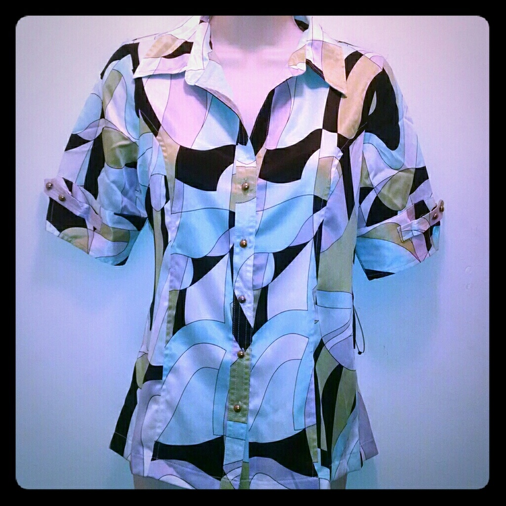 Vintage Rare Pucci-like Print Soft Silk Fitted Shirt Top Size XS