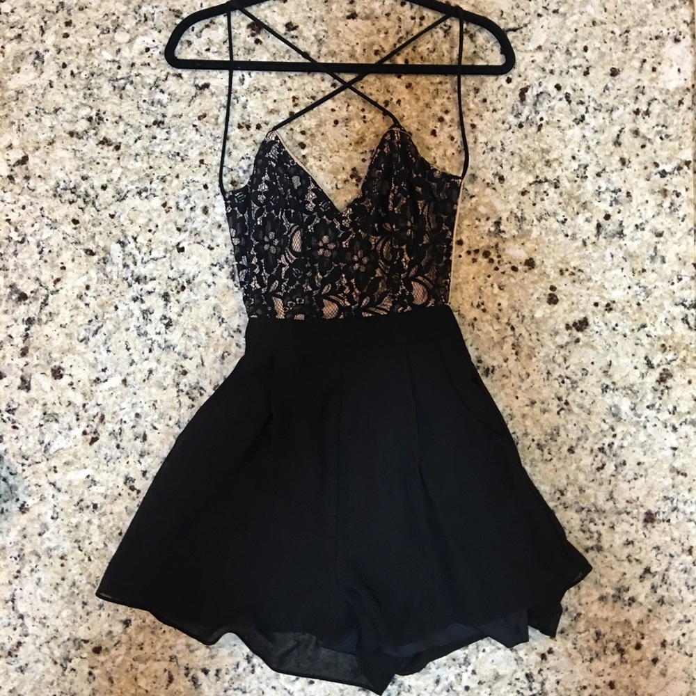 ANGL Black Lace Chiffon Romper