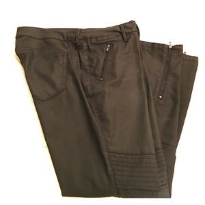Black waxed cotton denim moto jeans.