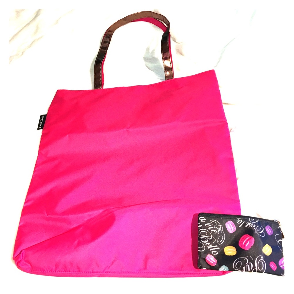 Lancome Pink Reversible Tote + Black Cosmetic Bag