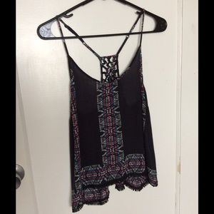 Spaghetti strap black rainbow fringe top