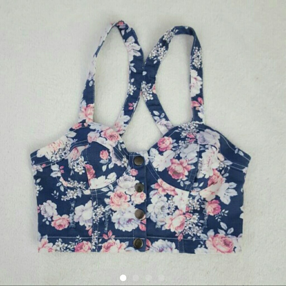Floral Denim Crop Button Racerbackb top