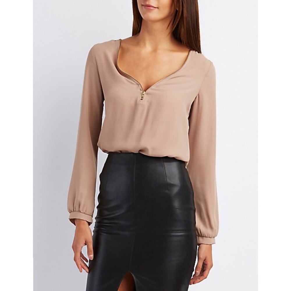 Tan Zip Front Chiffon Top