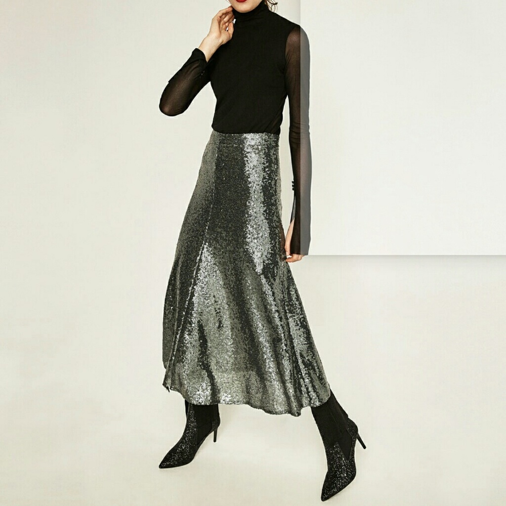 ZARA SEQUINNED MIDI SKIRT - Picture 3 of 4