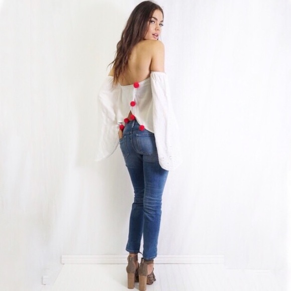 Tea n Cup Tops - POM POM OPEN BACK COLD SHOULDER LONG SLEEVE TOP