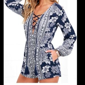 Lulus Flower Power Play Navy Blue Print Romper