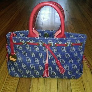 Dooney & Bourke Denim Blue Mini Tassel Red Leather