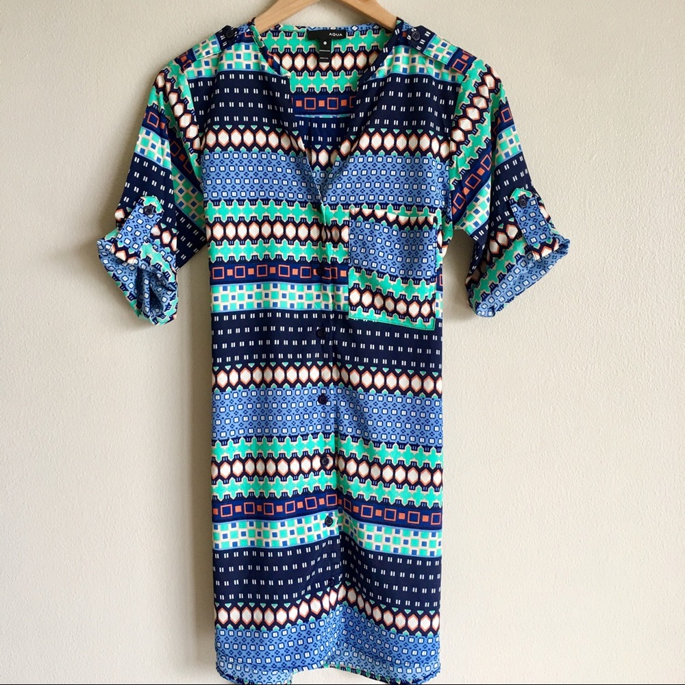 [53] AQUA Patterned Button-Down Dress w Waste Sash