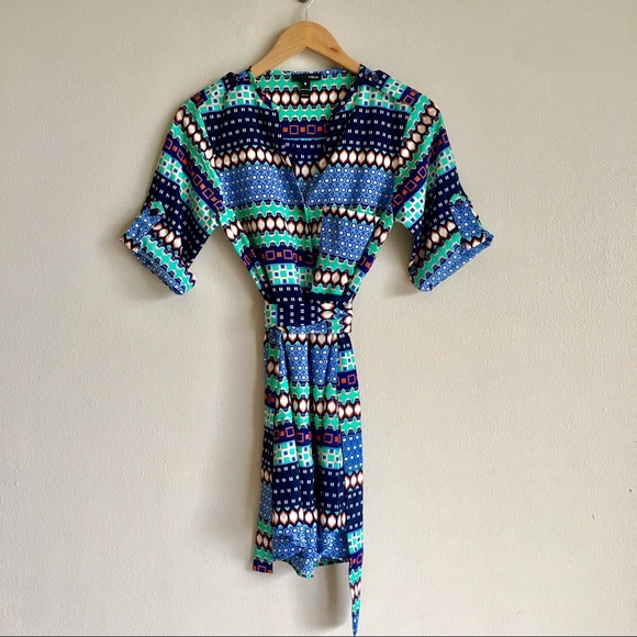 [53] AQUA Patterned Button-Down Dress w Waste Sash - Picture 2 of 5