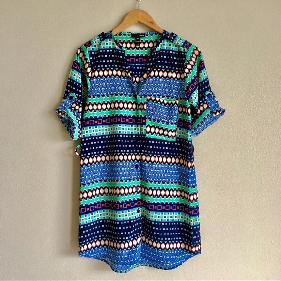 [53] AQUA Patterned Button-Down Dress w Waste Sash - Picture 3 of 5