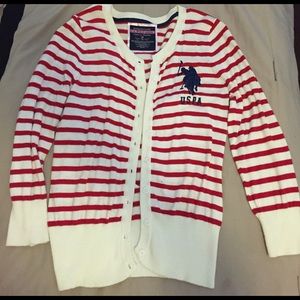 Red and white cardigan