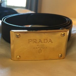 Prada Black Leather Belt with Gold Buckle