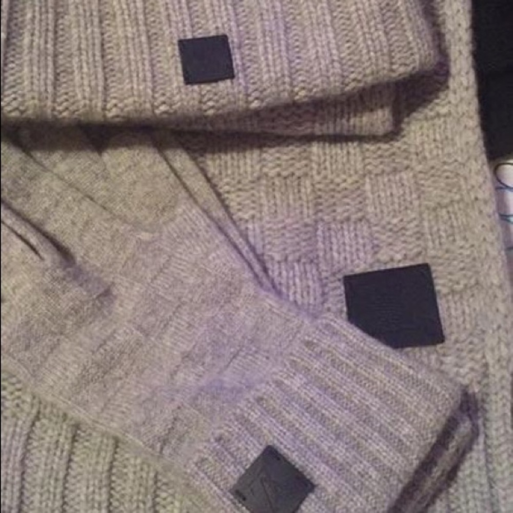 Louis Vuitton scarf, hat, and gloves