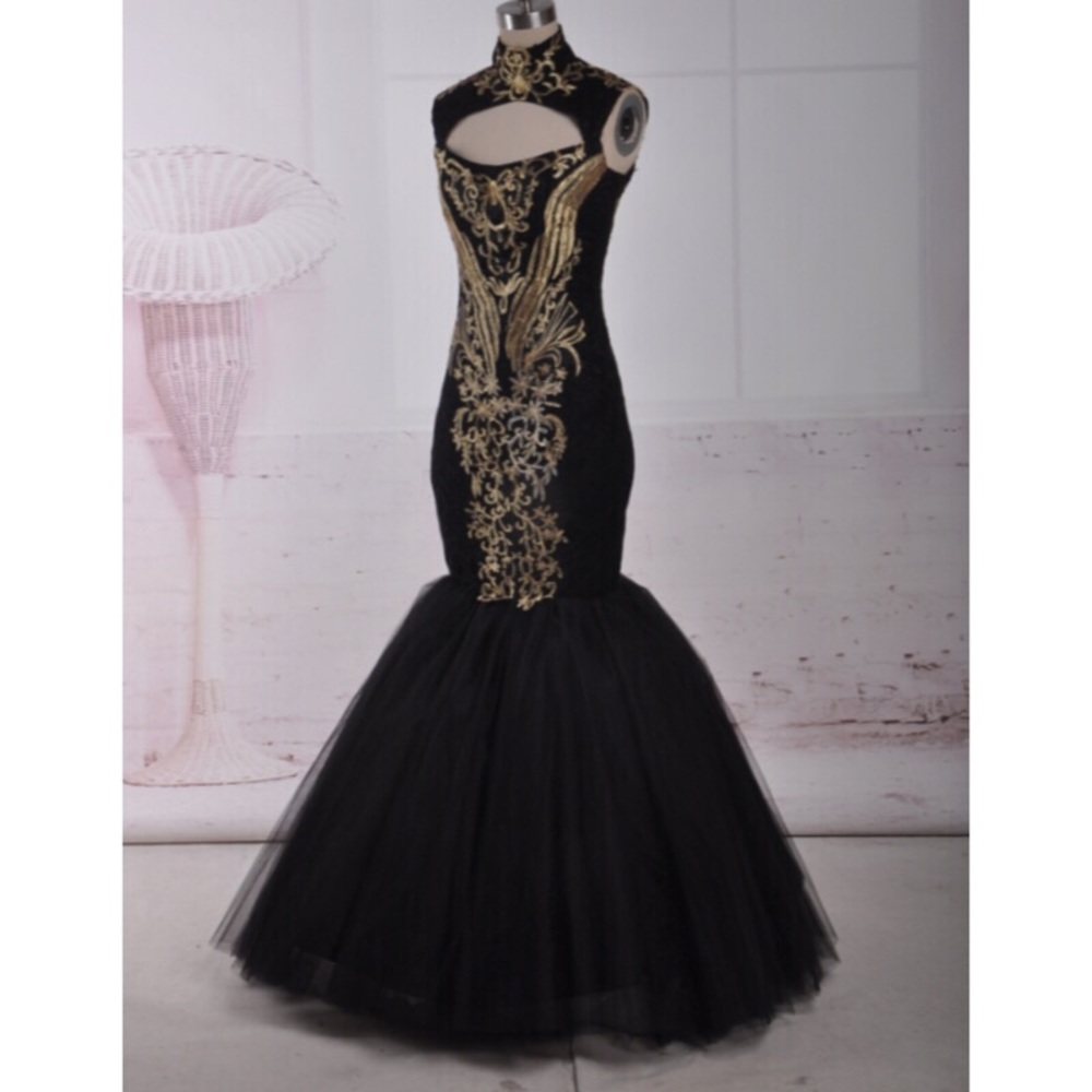 🎉SALE🎉 Black &Gold Embroidery Mermaid Prom Dress