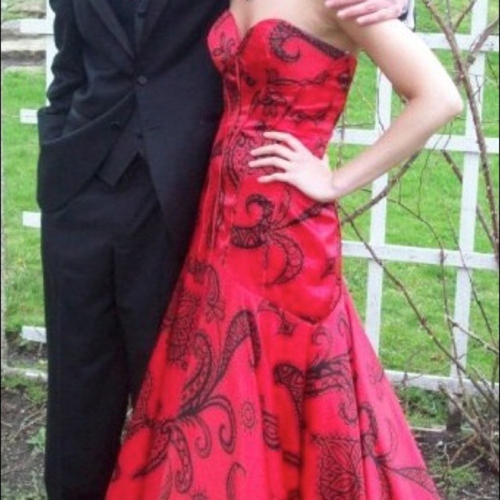 Jovani Silk Red & Black Patterned Dress
