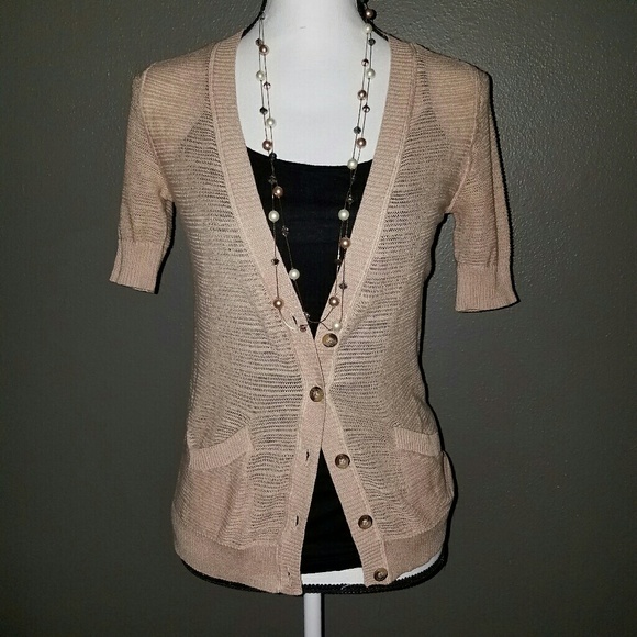 Tan Short Sleeve Button-Down V-Neck Cardigan - Picture 2 of 7