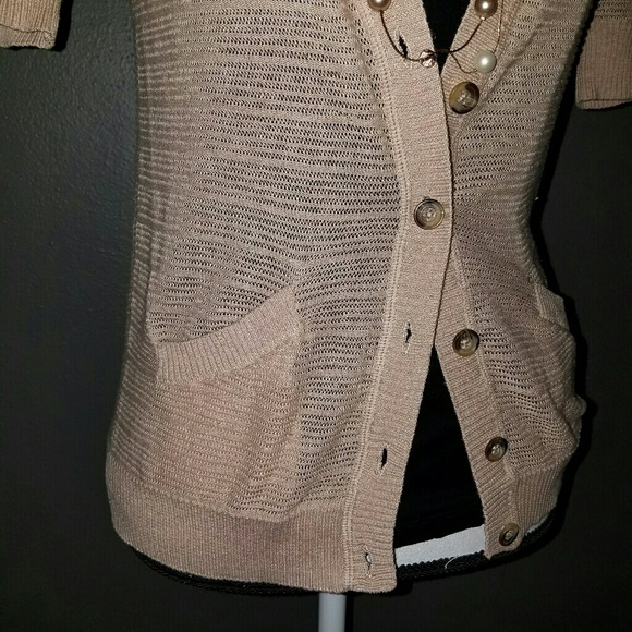 Tan Short Sleeve Button-Down V-Neck Cardigan - Picture 3 of 7