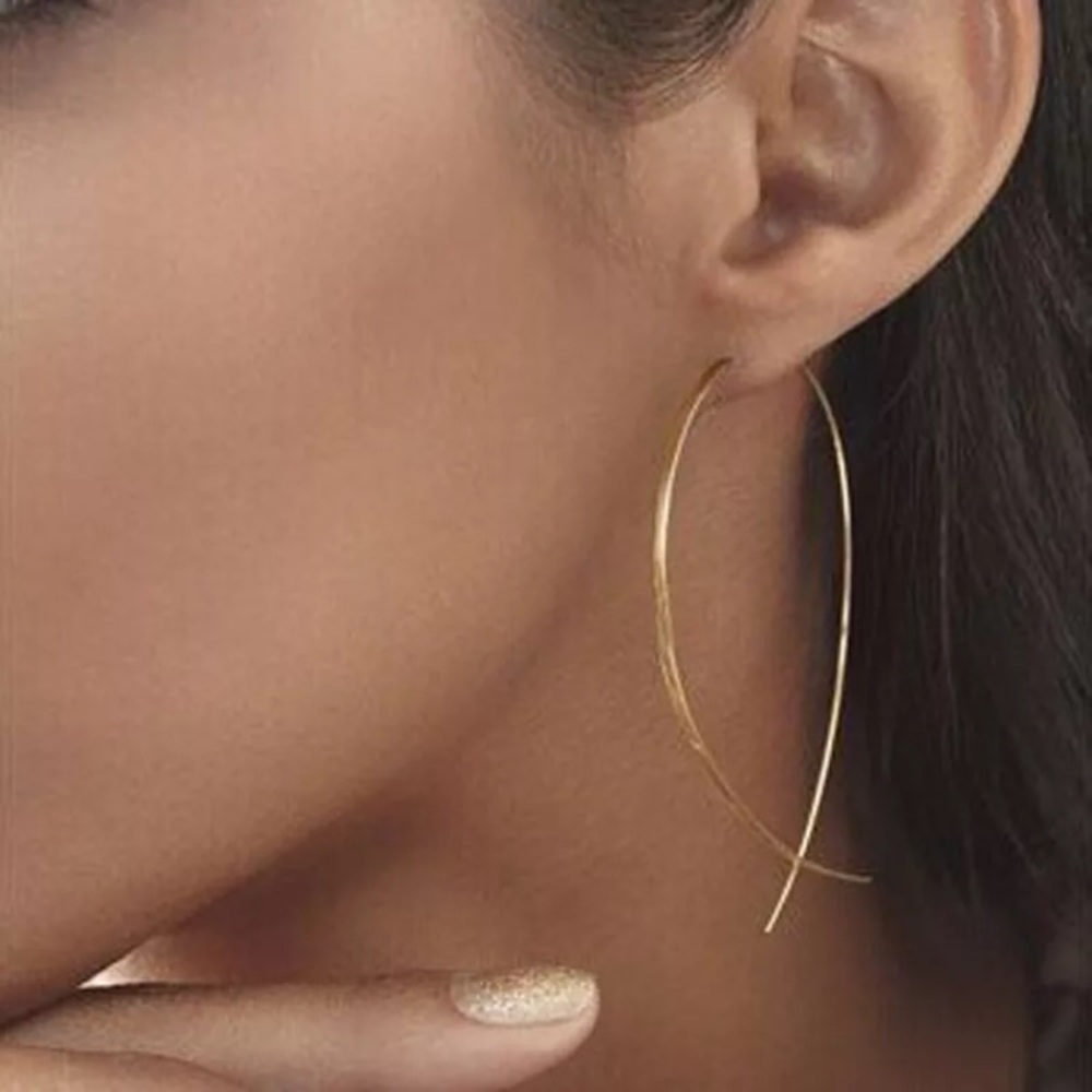Simple geometric pull through gold earrings