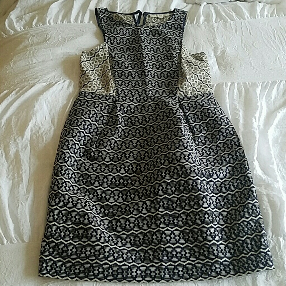 Ann Taylor Loft Dress, Navy Blue and Cream Patter