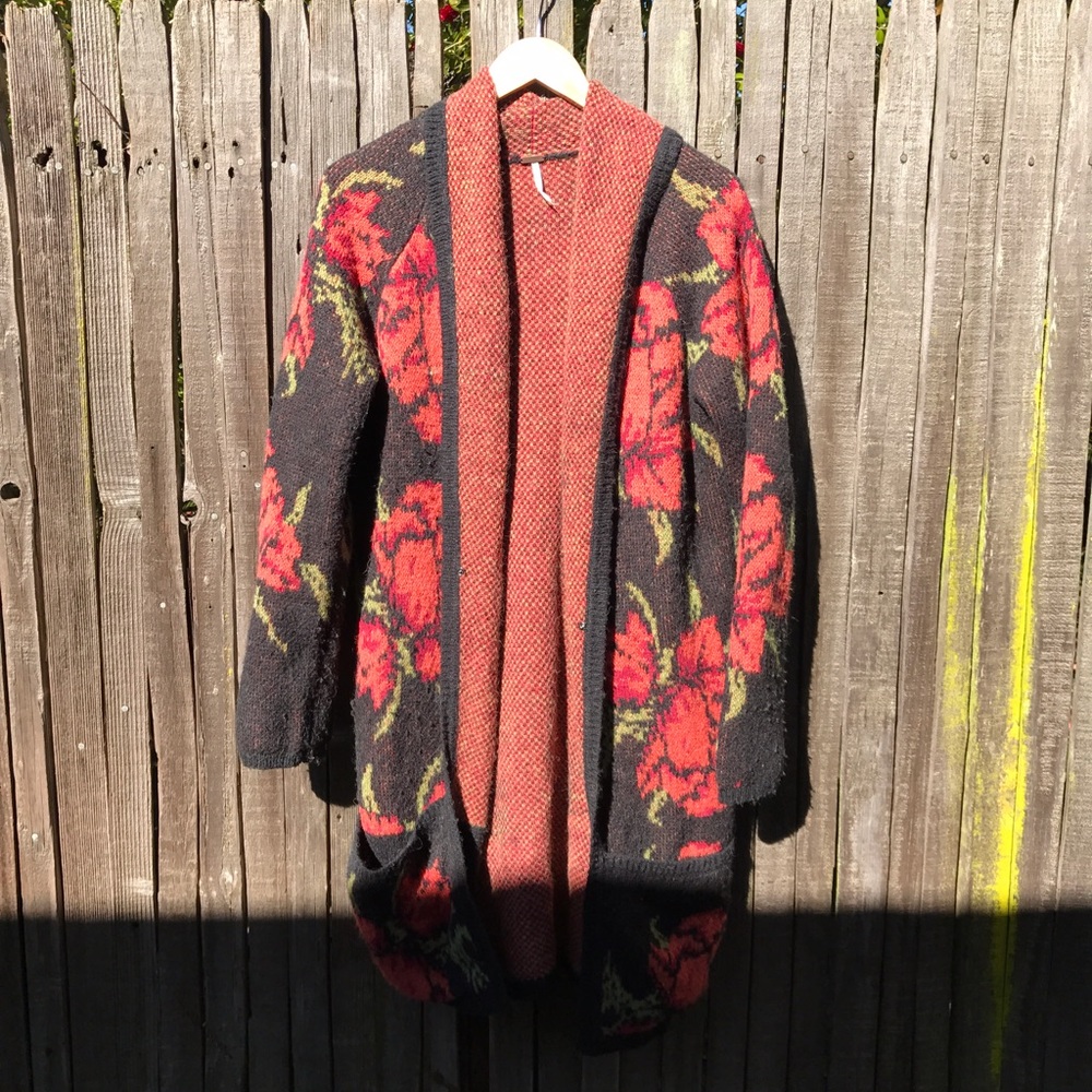 Free People Long Floral Knit Cardigan