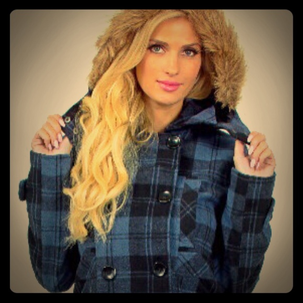 YMI Blue & Black Plaid Peacoat with Removal Hood