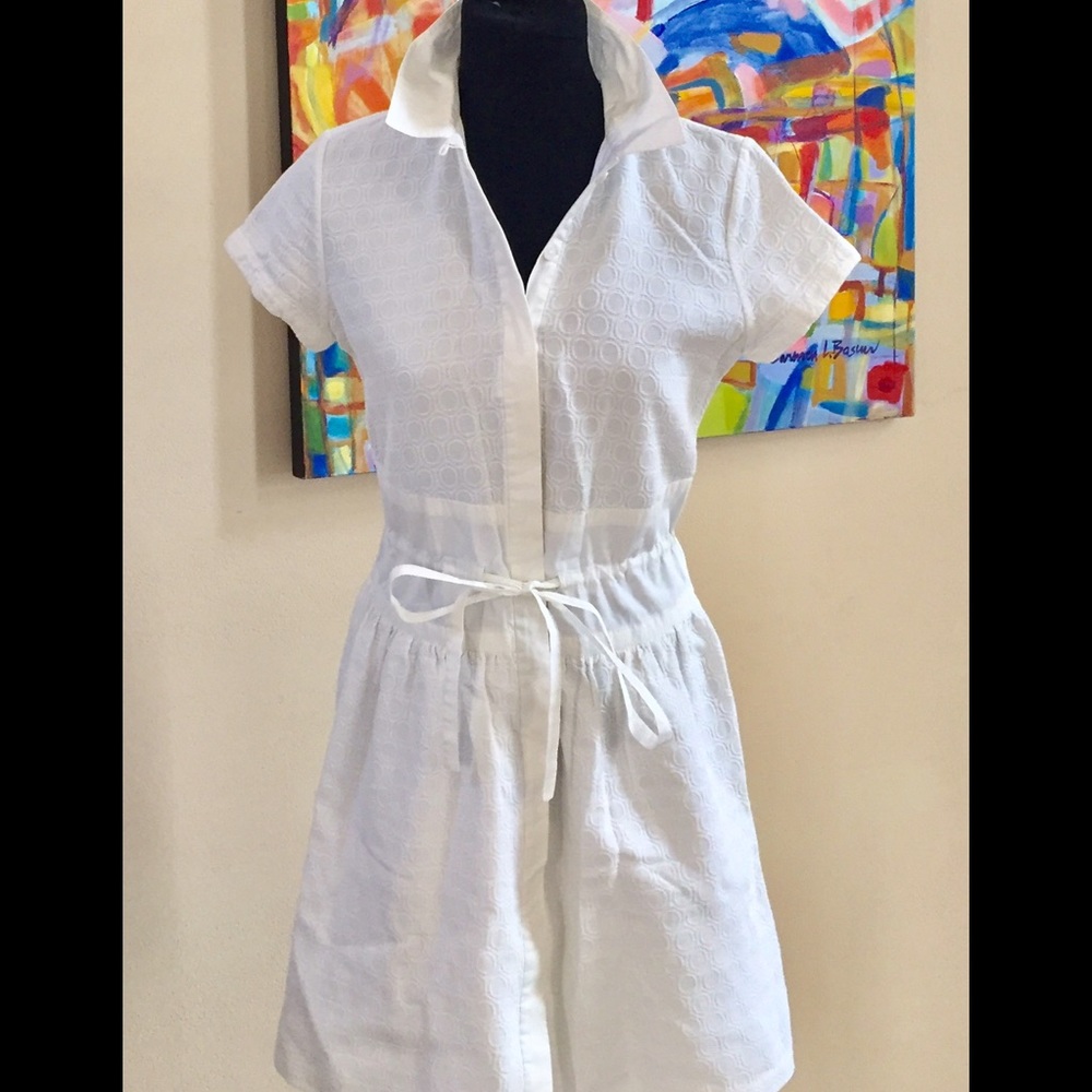 Raoul button up, tie waist, a-line dress in White