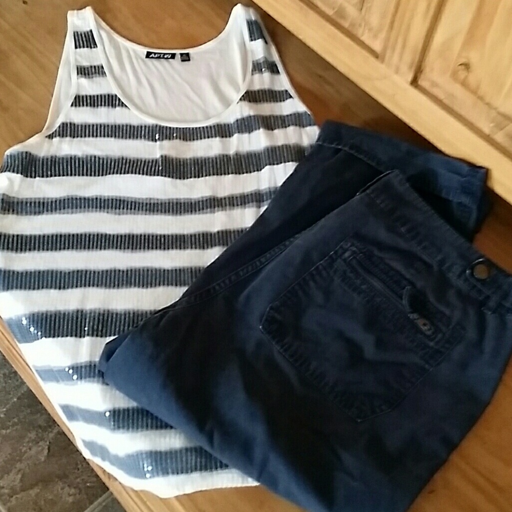 Navy and cream striped tank with sequins