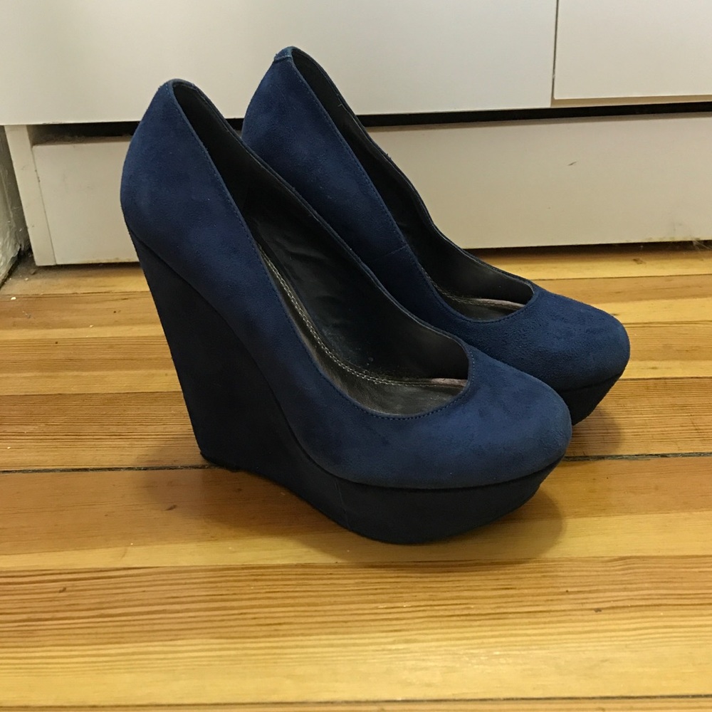 Blue Suede Closed Toe Wedges