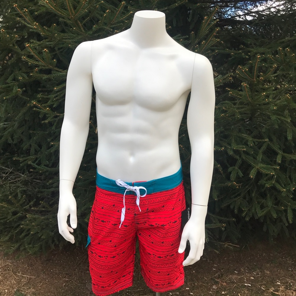 Red and light blue swim shorts