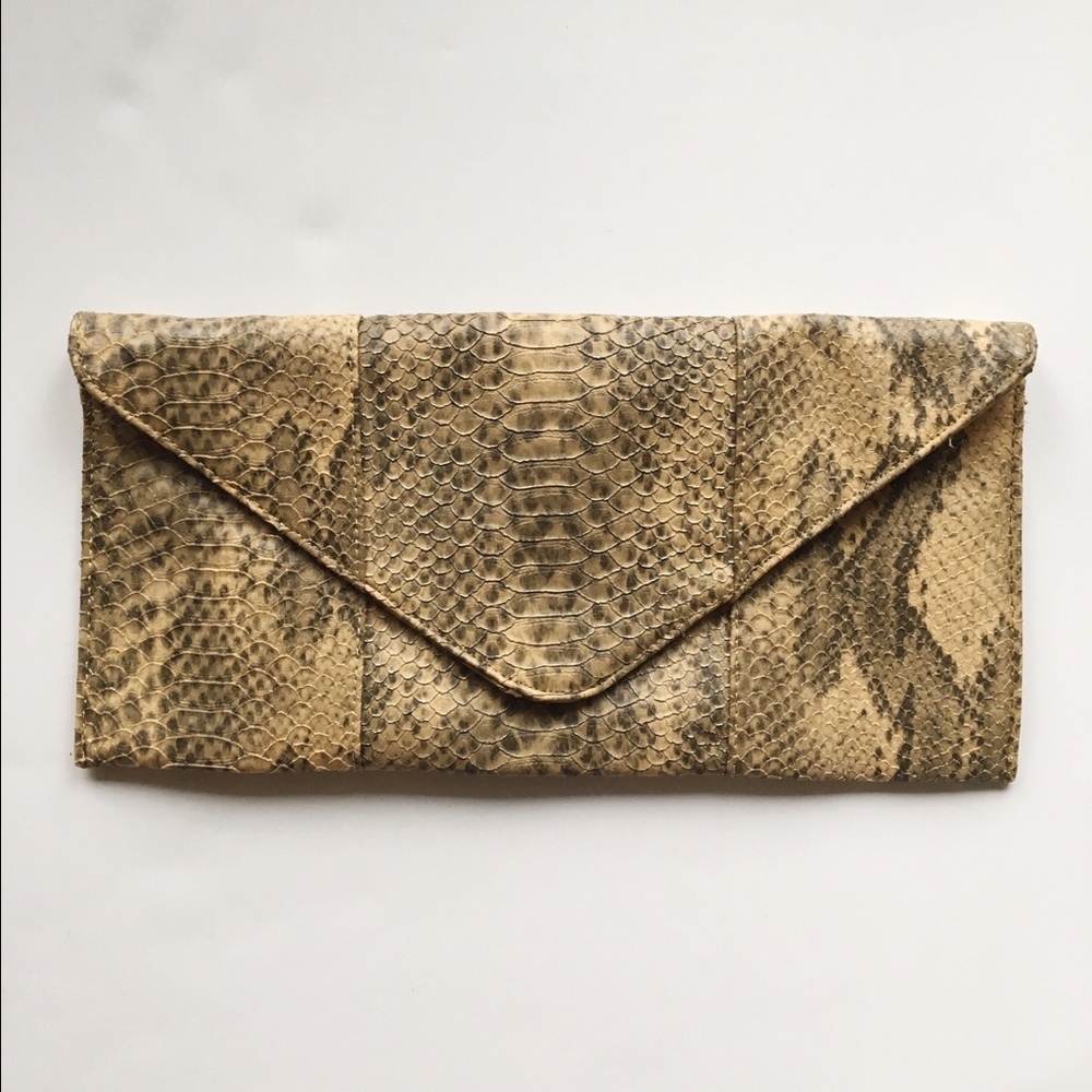 Large Gold-toned, Snakeskin Textured Clutch