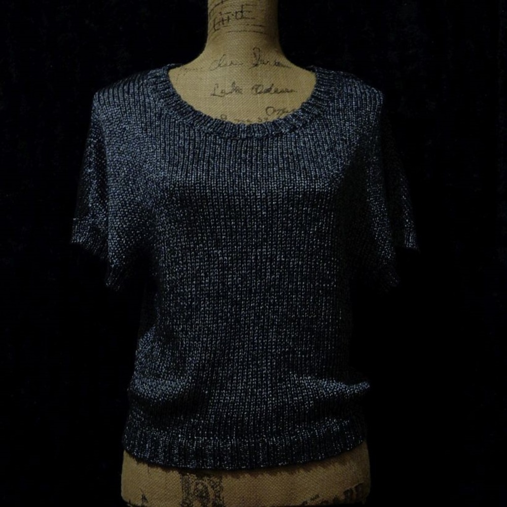 Vintage Short-sleeve metallic pewter gray sweater