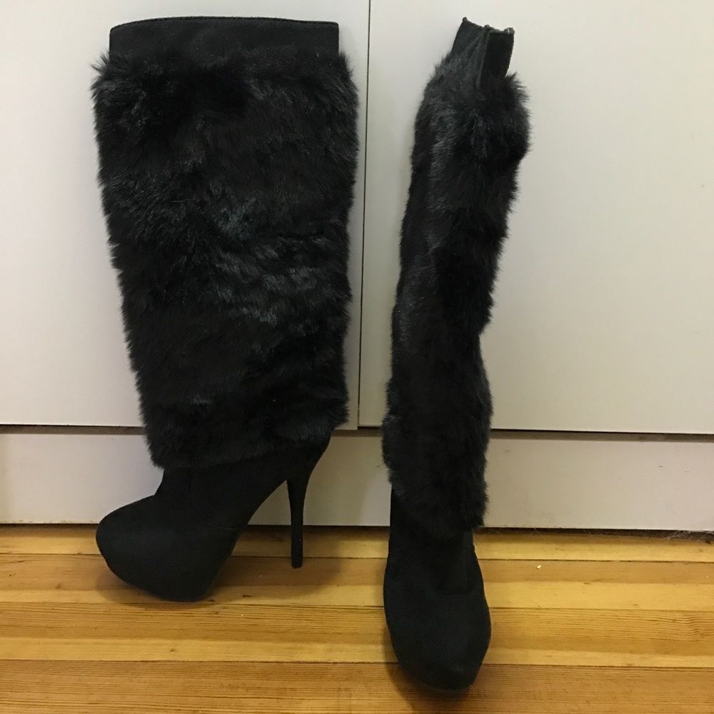 Black Furry Heeled Boots