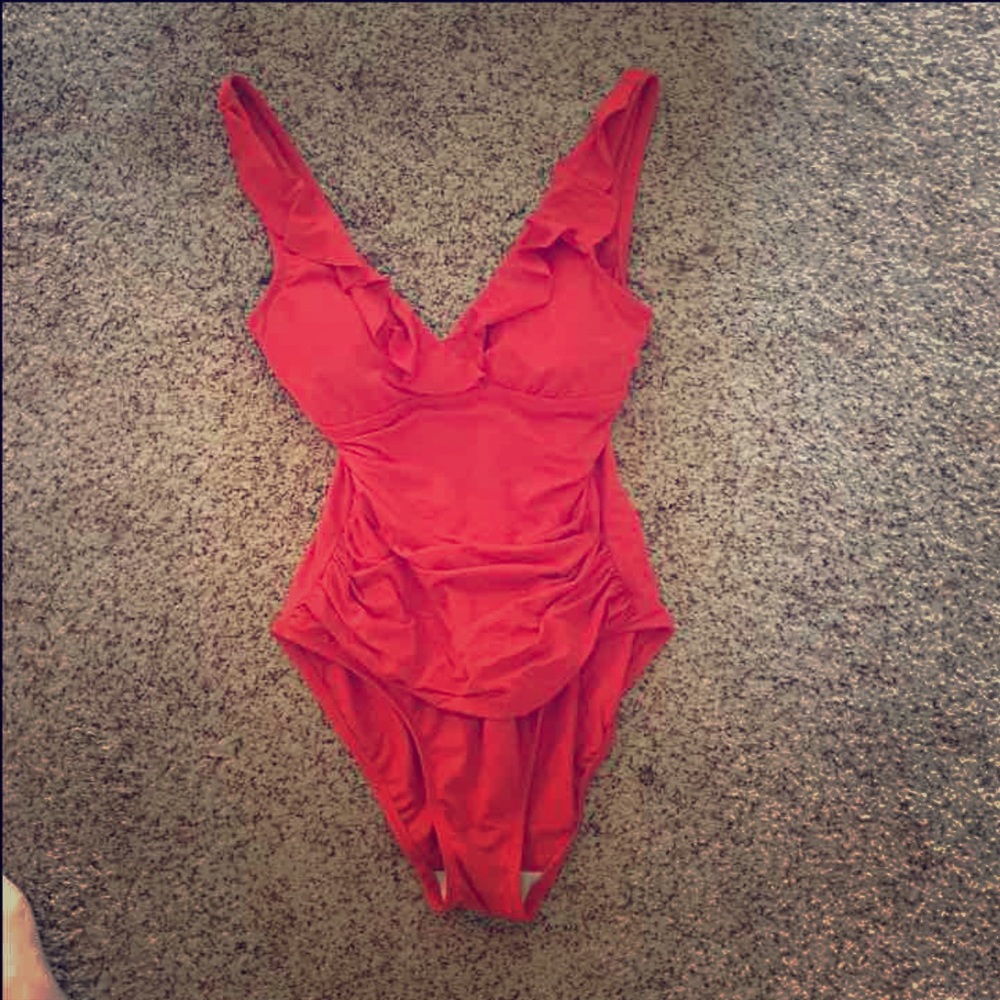 Classy red one piece swimsuit.