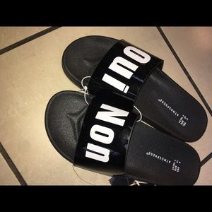 Black patent leather slides