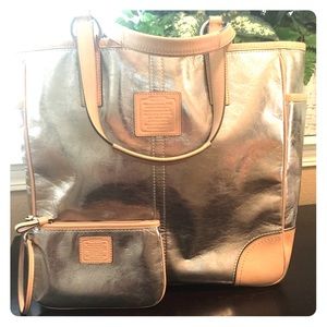 Coach Metallic Silver Leather Tote Bag & Wristlet