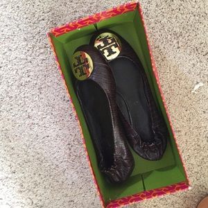 Tory Burch Reva Brown Snakeskin Flats